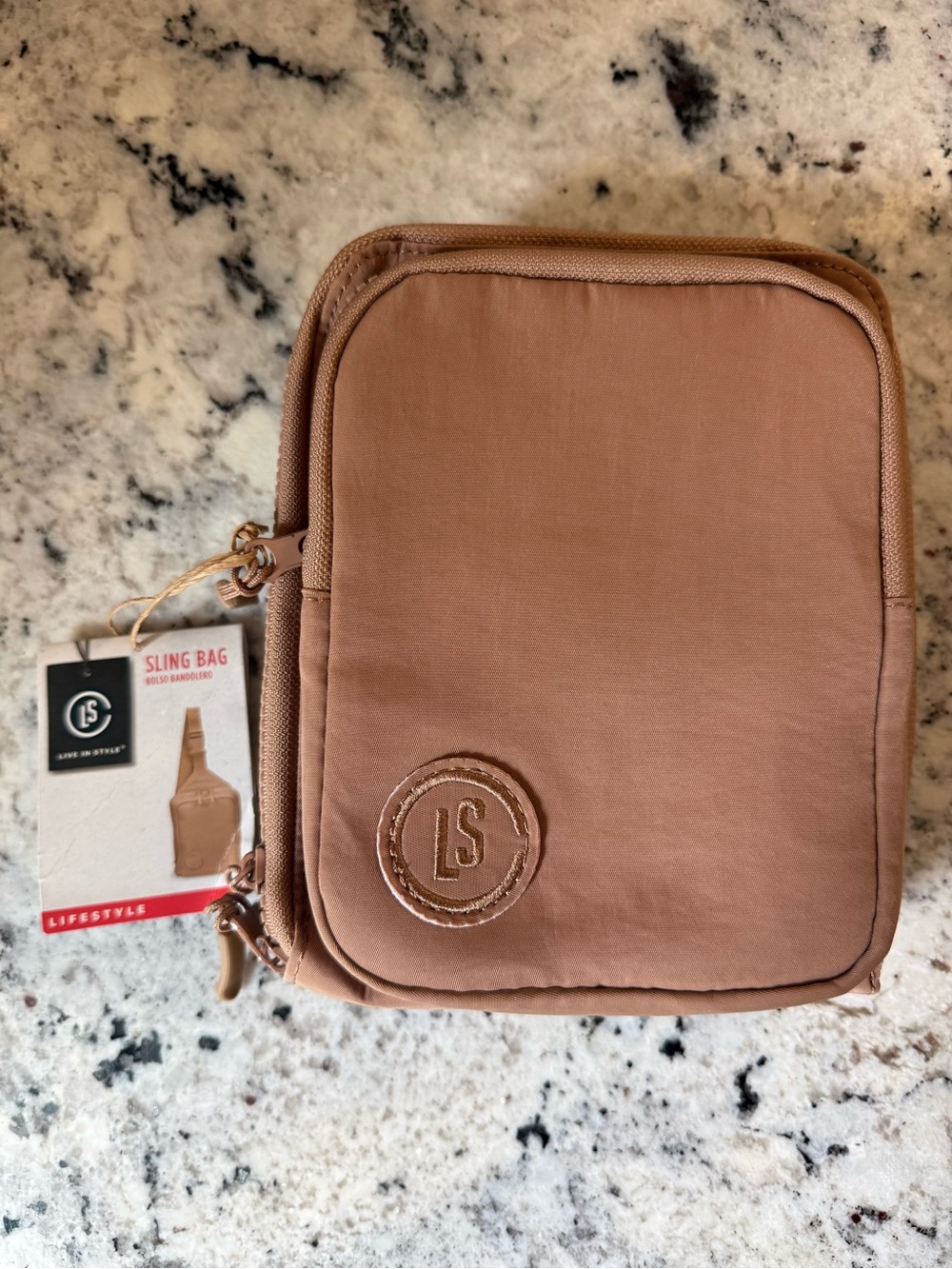 Aldi Life In Style Sling Crossbody Bag Adjustable Strap Multi-Pocket Tan Blush